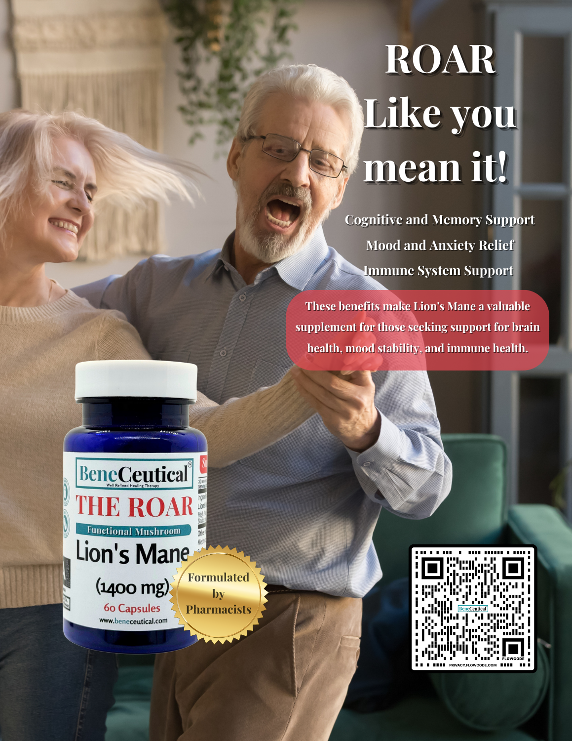 THE ROAR Lion's Mane Mushroom Cognition Neuroprotection Mood Mental Health Support Dietary Supplement