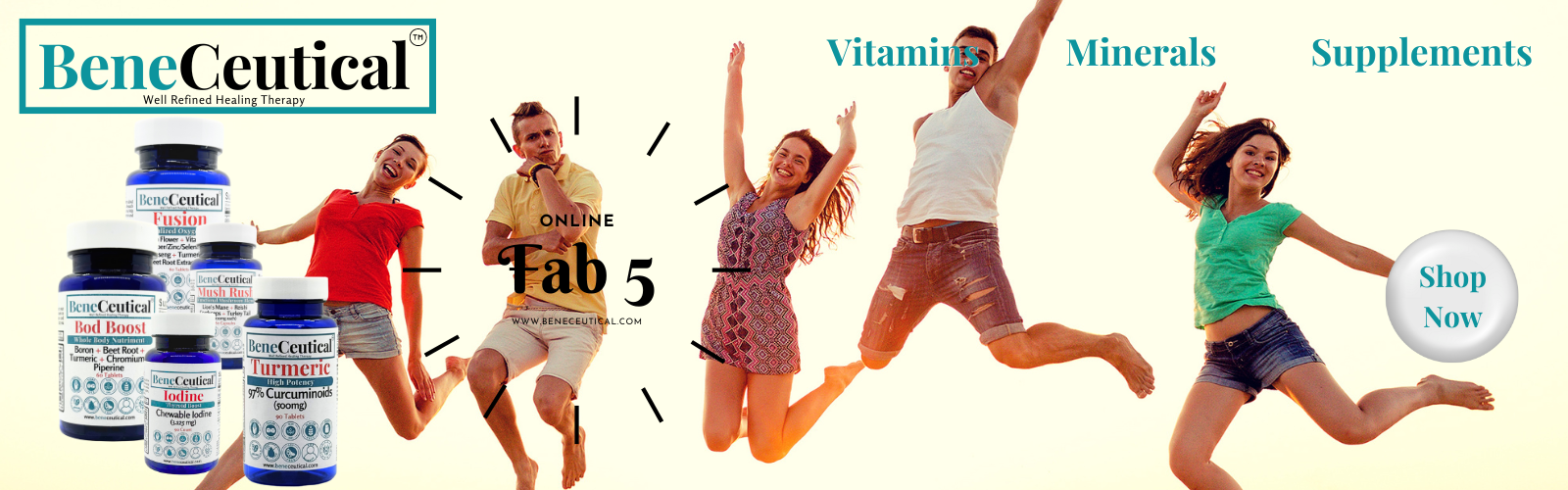 Discover the ‘Fab 5’ of holistic health with BeneCeutical: Fusion, Mush Rush, Bod Boost, Iodine, and Turmeric - your allies for a vibrant, healthier life.
